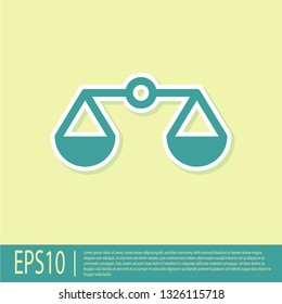 Green Scales of justice icon isolated on yellow background. Court of law symbol. Balance scale sign. Flat design. Vector Illustration