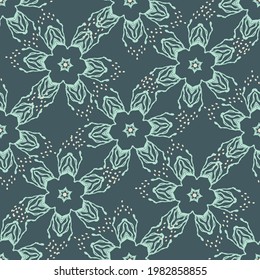 Green scandi pattern print. Seamless minimal fashion doodle background. Calm gender inclusive drawn flower motif texture . Playful kid room wallpaper vector repeat.