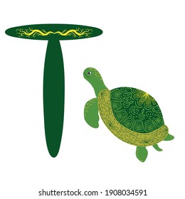 Green Scandinavian style turtle with painted shell pattern hand drawn. Letter T, children's alphabet for preschoolers.