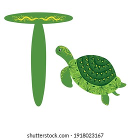 Green Scandinavian style turtle with painted shell pattern hand drawn. Letter T, children's alphabet for preschoolers.