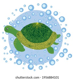Green Scandinavian style turtle with painted shell pattern hand drawn, among the water bulbs.