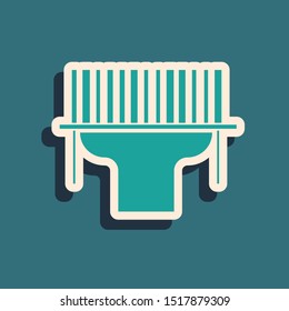 Green Scanner scanning bar code icon isolated on blue background. Barcode label sticker. Identification for delivery with bars. Long shadow style. Vector Illustration