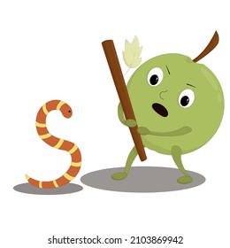 green scared apple prepares for battle with a small snake