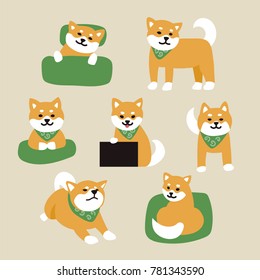green scarf shiva dog various cute poses hand drawing style vector illustration flat design