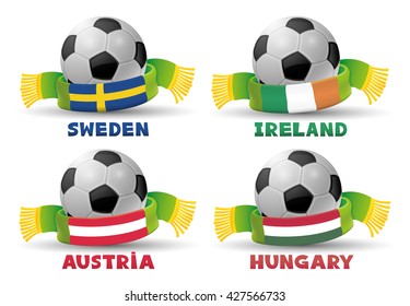 Green scarves with the flags of Sweden, Ireland, Austria, Hungary and soccer balls.