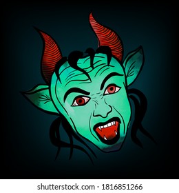 Green scary devil. Vector illustration