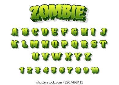 Green scary zombie 3d alphabet letter and number design template, font effect modern style