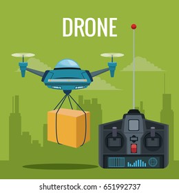 green scene city landscape set remote control and blue robot drone carrying box with pair of airscrew