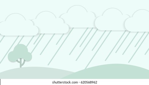 green scenery background with grasses and mountain with cloud and rain in pastel.