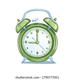 Green school alarm clock on a white background. Isolate. Vector object in cartoon style.