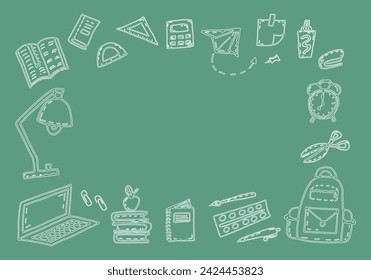 Green school background with frame of white outlines of school supplies, study items and space for text. Vector doodle illustration for banners, web design, flyers, social media design