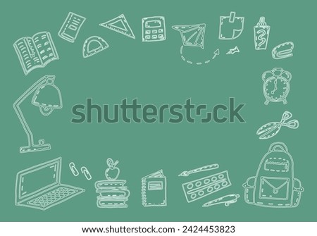 Green school background with frame of white outlines of school supplies, study items and space for text. Vector doodle illustration for banners, web design, flyers, social media design