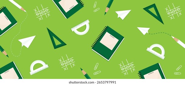 Fondo verde de la escuela con cuadernos y papelería Ilustración vectorial plana.