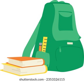 Green school backpack with books. Hand drawn vector illustration isolated on white background.