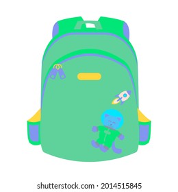 Green school backpack Flat vector illustration on white background