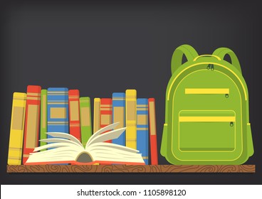 Green school backpack on book shelf with blackboard background. Vector illustration with place for your text. School education concept. 