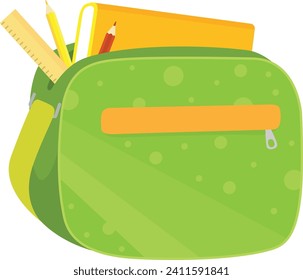 Green school backpack with yellow ruler and colored pencils. Educational accessory for students vector illustration.