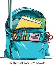 green school bag with colored pencils and a book inside