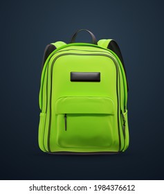 Green school bag isolated on dark background. Vector 3d illustration. Realistic school backpack. Sport rucksack. Educational concept