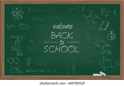 Green school blackboard with chalk WELCOME BACK TO SCHOOL text and different school symbols. Vector illustration.