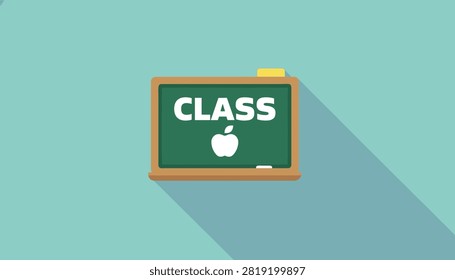 Green school blackboard showing the word class with a white apple icon and chalk over a soft turquoise background.
