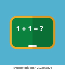 Green school board, addition task, one plus one equals unknown. Primary education, learning, easy problem and knowledge concept. Flat design. Vector illustration. EPS 8, no gradients, no transparency