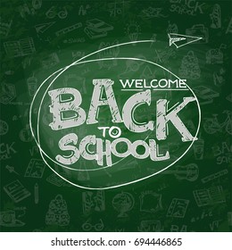 Green school board banner back to school,  with doodle background and lettering.