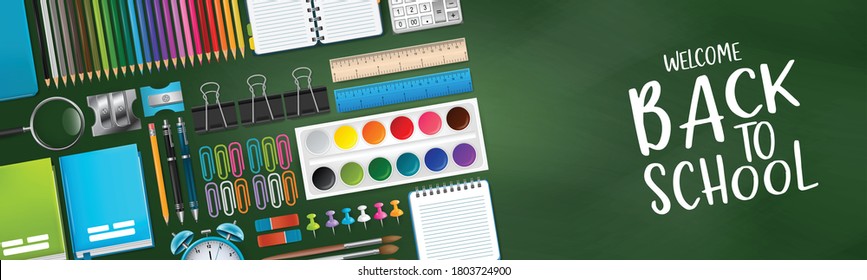 Green school board banner background with colorful bright education 3d realistic supplies. Design for advertisement, magazine, book, website header. Vector illustration.