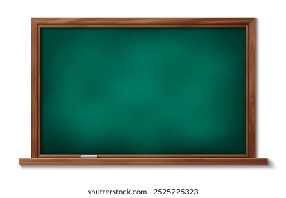 Green school board with brown wooden frame and chalk. Realistic 3d vector illustration of education and teaching element for back to school concept. Blank chalkboard mockup for writing message.