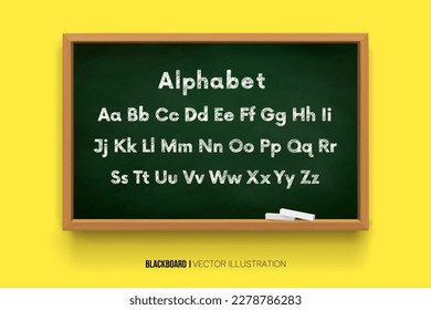 green school board with chalk on a bright yellow background. English alphabet written in chalk on a blackboard. vector illustration in 3d style