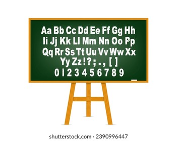 Green school board with chalk on a bright yellow background. English alphabet written in chalk on a blackboard. Communication. Background for school, office, University. Vector illustration