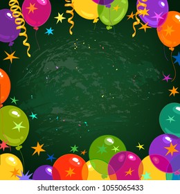 Green school board framed by bright color flying balloons, star confetti, serpentine. Empty space for text. Vector illustration.