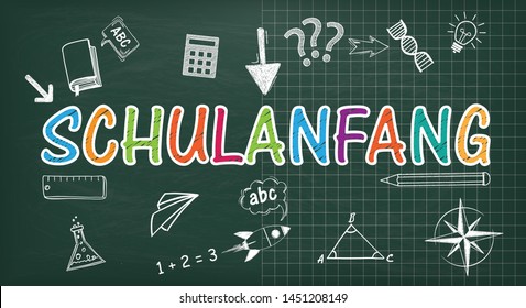 Green school board. German text "Schulanfang", translate "Back to School". Eps 10 vector file.