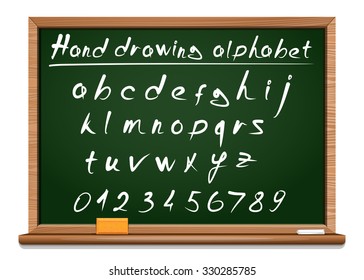 Green school board. School hand drawing alphabet. Vector font.