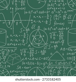 Green school board with mathematical formulas. Algebra calculations seamless pattern. Geometry graphs and trigonometry functions drawing at chalkboard. Math education. Vector blackboard background
