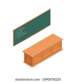 Green school board and teacher table on white background 3d isometric isolated vector illustration