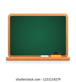 Green school chalkboard blackboard with chalk and sponge. Wooden frame. Clipping paths included.