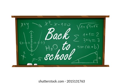 Green school chalkboard with chalk-drawn symbols. Back to school, time to study. Green board for school lessons. For school education. Vector illustration isolated on transparent backgraund.