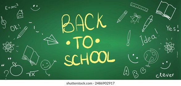 Green school chalkboard with hand drawn doodle pictures. Back to school design. Vector Illustration of class blackboard.