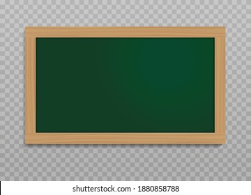 Tablero verde. Camionetas. Vector 3d realista. Plantilla vacía con marco de madera aislado sobre transparente. Pizarra o aula de madera. EPS 10.