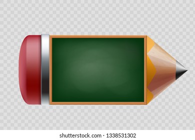 Green school chalkboard with pencil. Isolated on transparent background. Vector illustration.