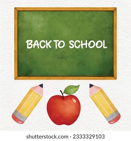 Green School chalkboard with text in chalk , an apple and pencil for education concept watercolor illustration