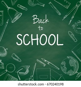 Green school chalkboard with the words Back to School. Vector illustration of a sketch style.
