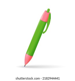 Green school pen isolated in realistic style on white background. Vector illustration.