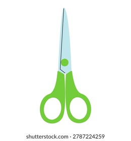 Green school scissors on white background. Single cute pastel cutting tool object with metal blades