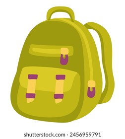 Green schoolbag in flat design. School backpack, student textile rucksack. Vector illustration isolated.