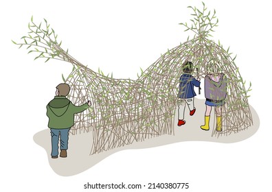 Green schoolyard with igloo-shaped willow hut and three children playing in it