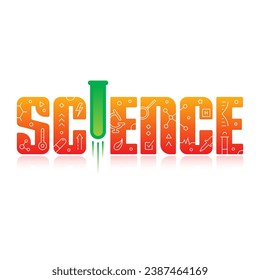 green science word and red test tube. science logo