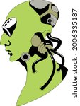 Green Scientific Cyborg Vector Illustration with Goggles and Hoses spreading out of his neck. Looks like a greenish alien from Mars or some Futuristic Soldier from the WW2.