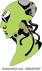 Green Scientific Cyborg Vector Illustration with Goggles and Hoses spreading out of his neck. Looks like a greenish alien from Mars or some Futuristic Soldier from the WW2.